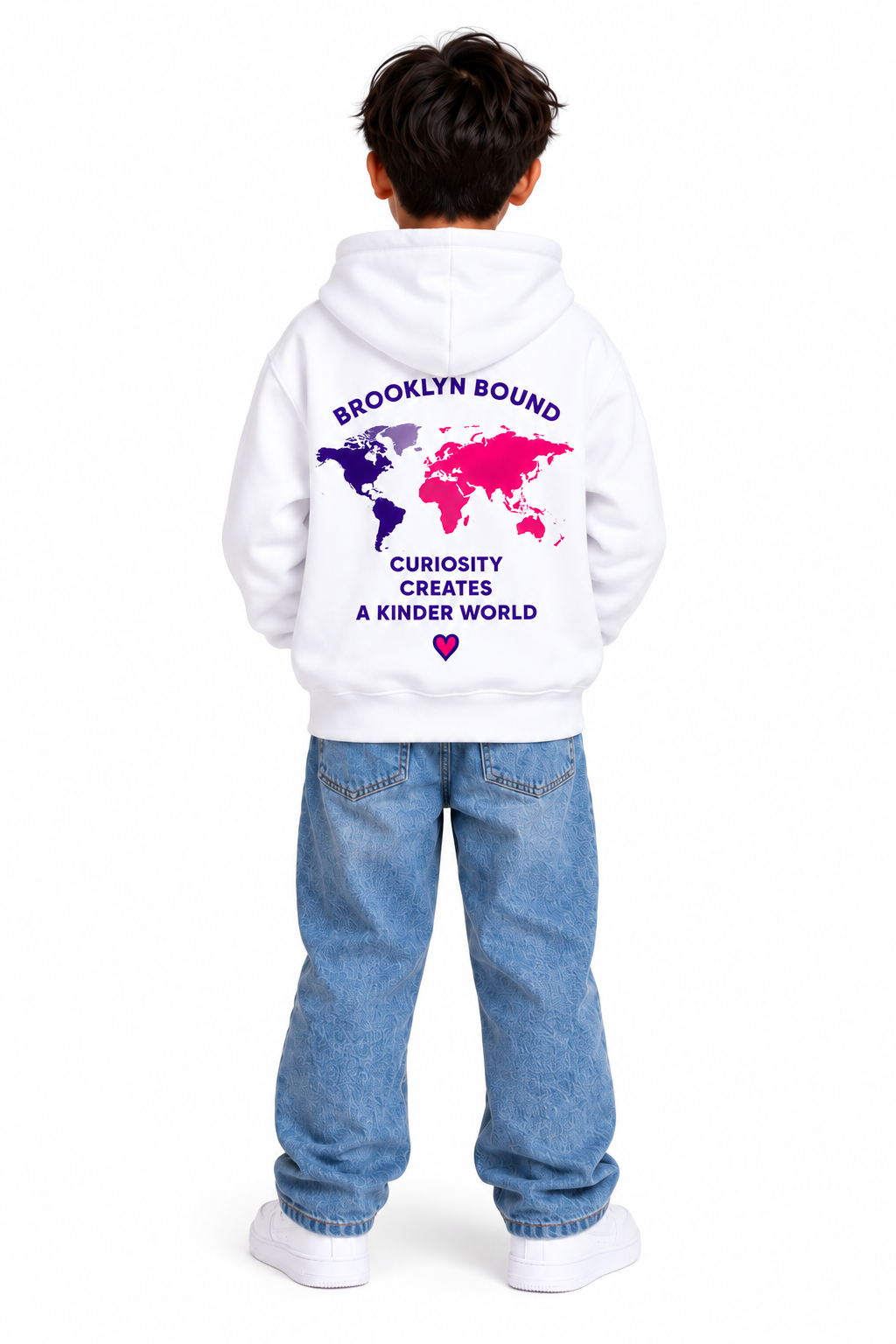 Youth model wearing the white hooded sweatshirt, back view