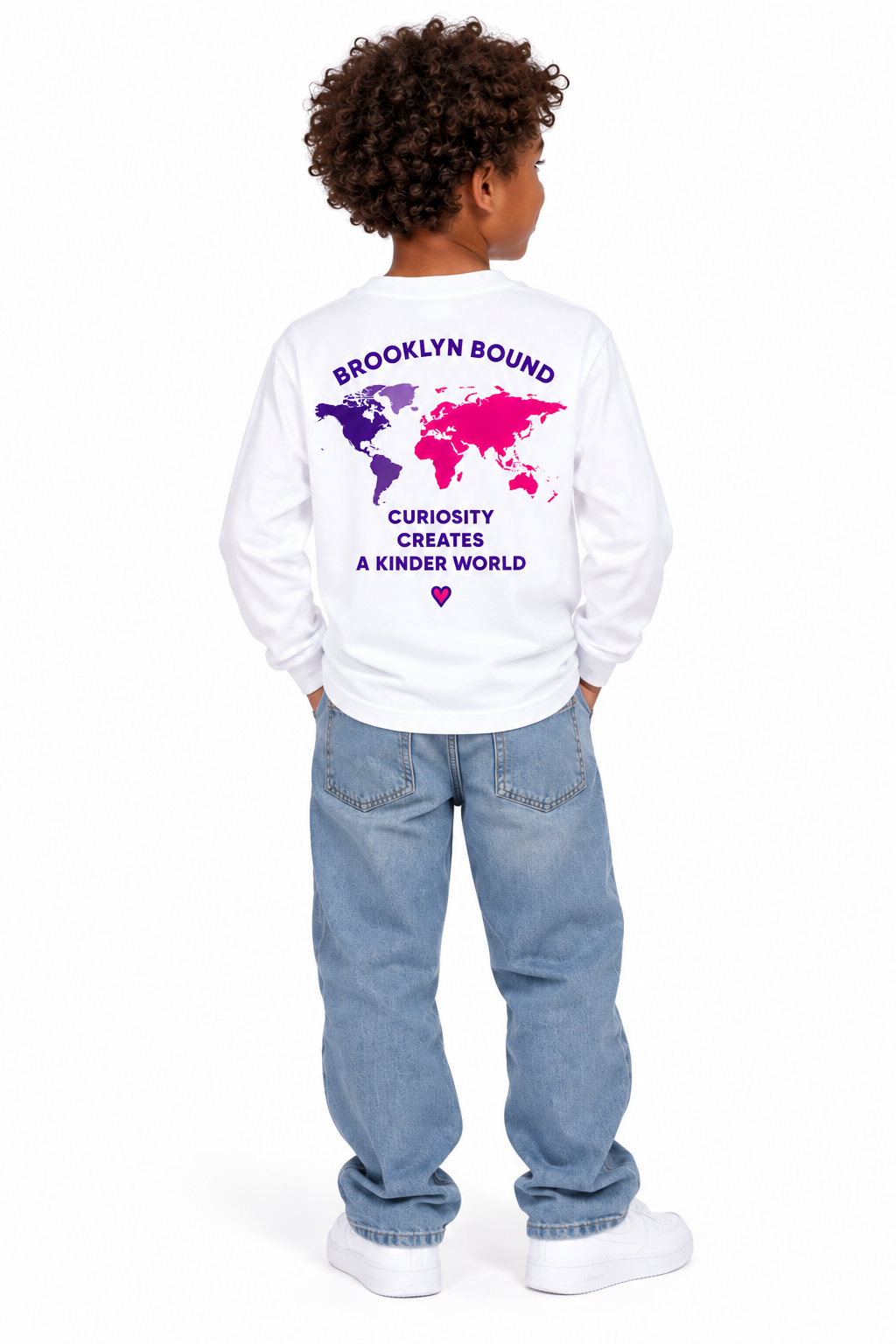 Youth model wearing the white long sleeve t-shirt, back view