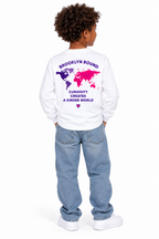 Youth model wearing the white long sleeve t-shirt, back view