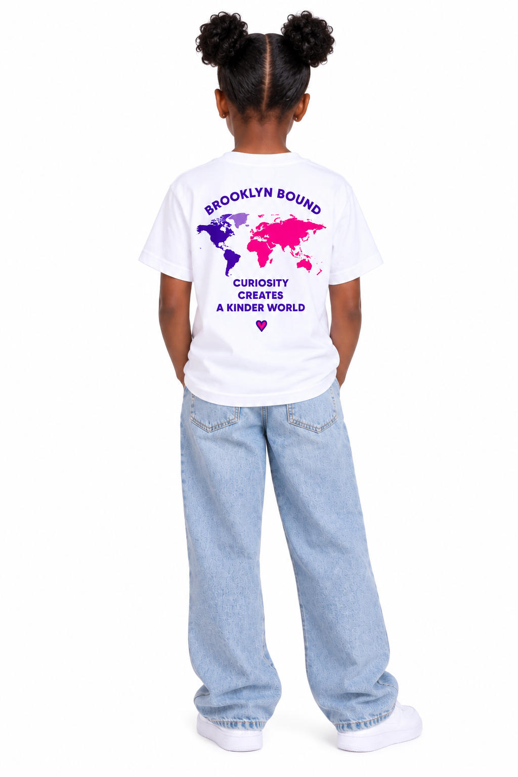 Youth model wearing the white short sleeve t-shirt, back view